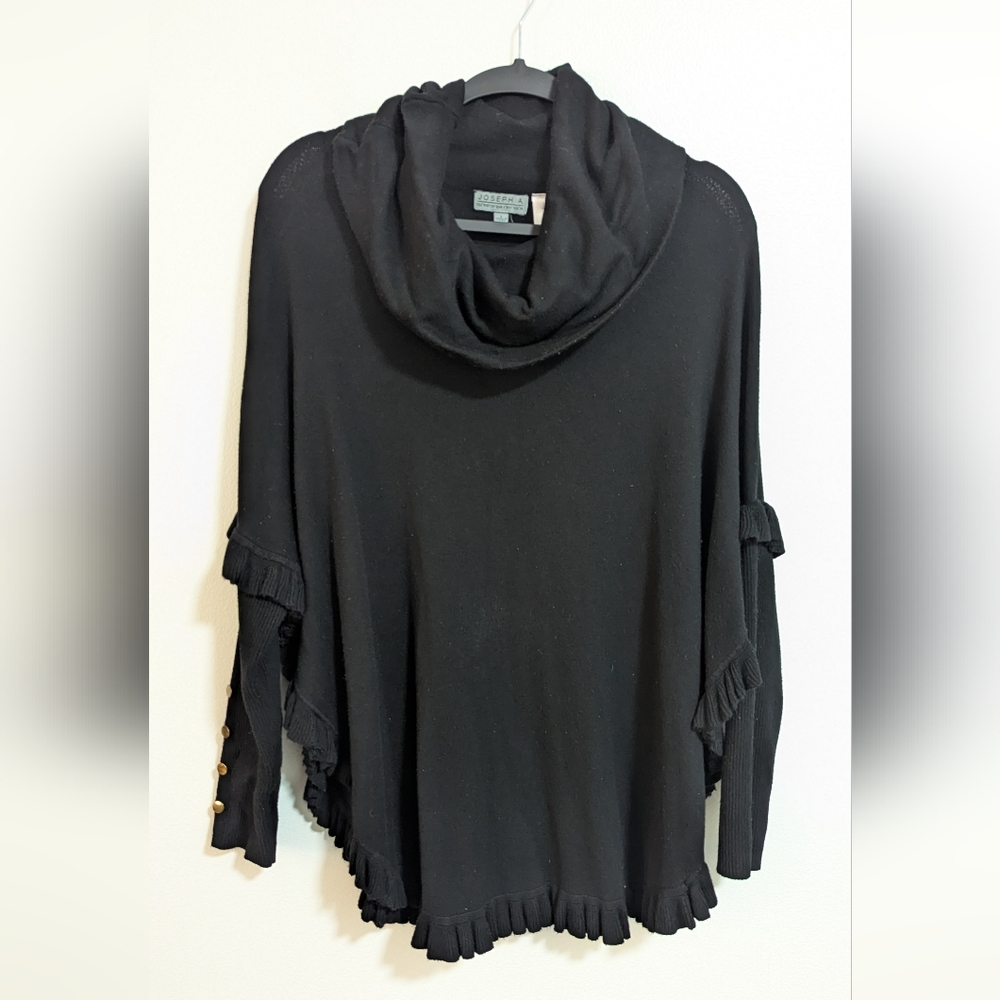 Joseph A Black One Piece Cowl Neck‎ Long Sleeve Ruffle Hem Poncho Sweater Large